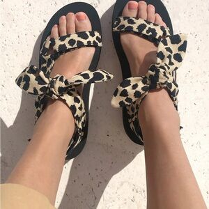 Loeffler Randall Leopard Print Bow Strap Sandals in Black and Cream